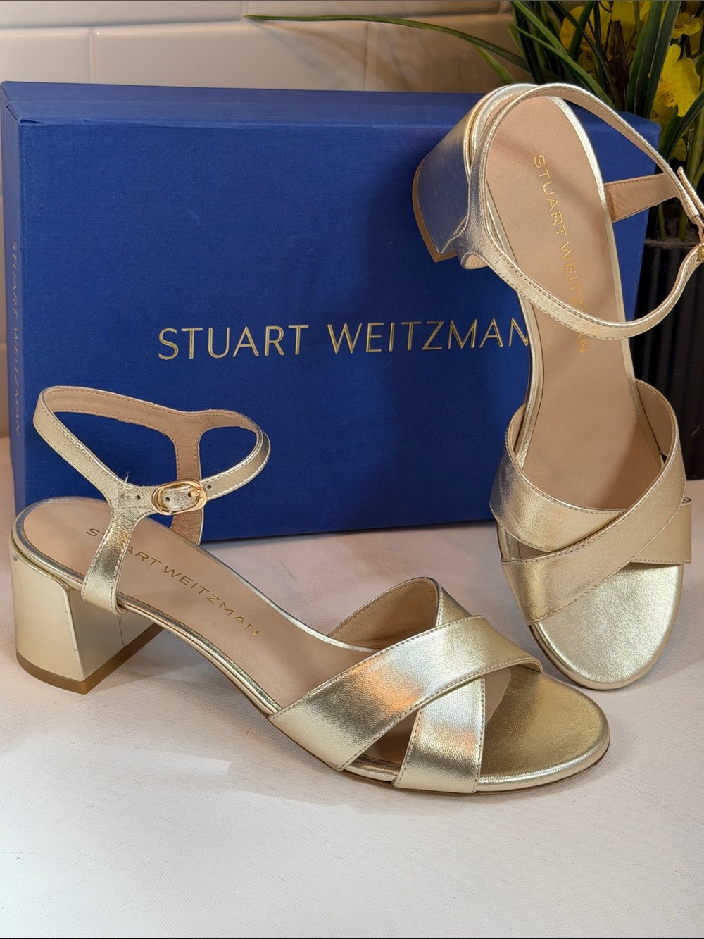 Stuart Weitzman Gold Leather Sandals . NEW